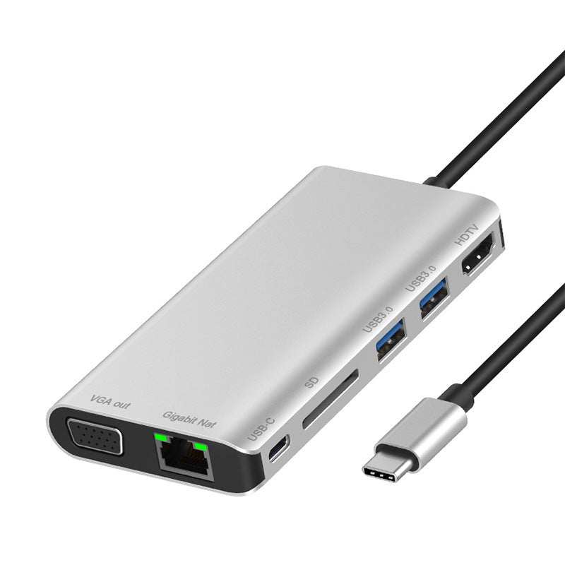 Silver Type-C multifunctional docking station with VGA, Ethernet, USB 3.0, SD card reader, and HDMI ports