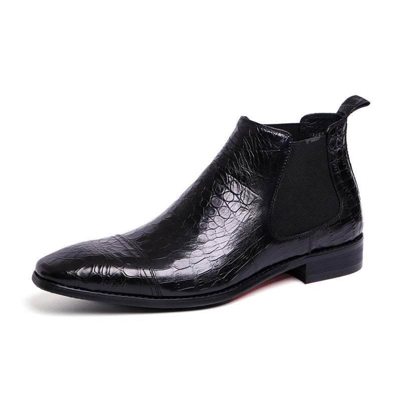 Mens high top leather shoe in black with crocodile texture and rubber sole, stylish and comfortable retro boots