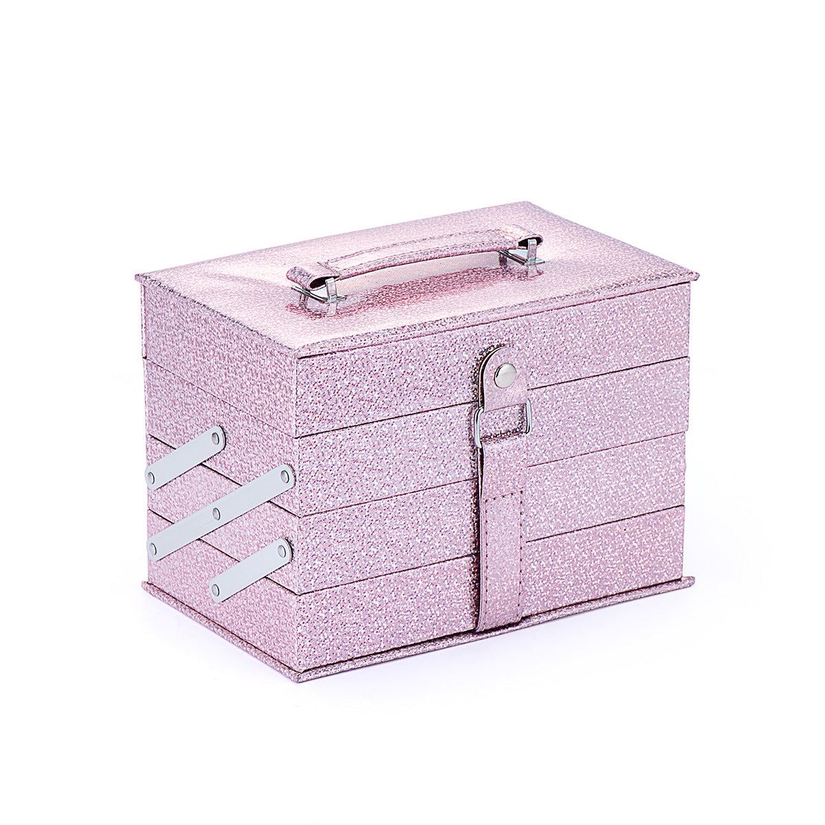 Pink glittery makeup case for eyeshadow palette, lipstick, lip gloss, and blush set storage