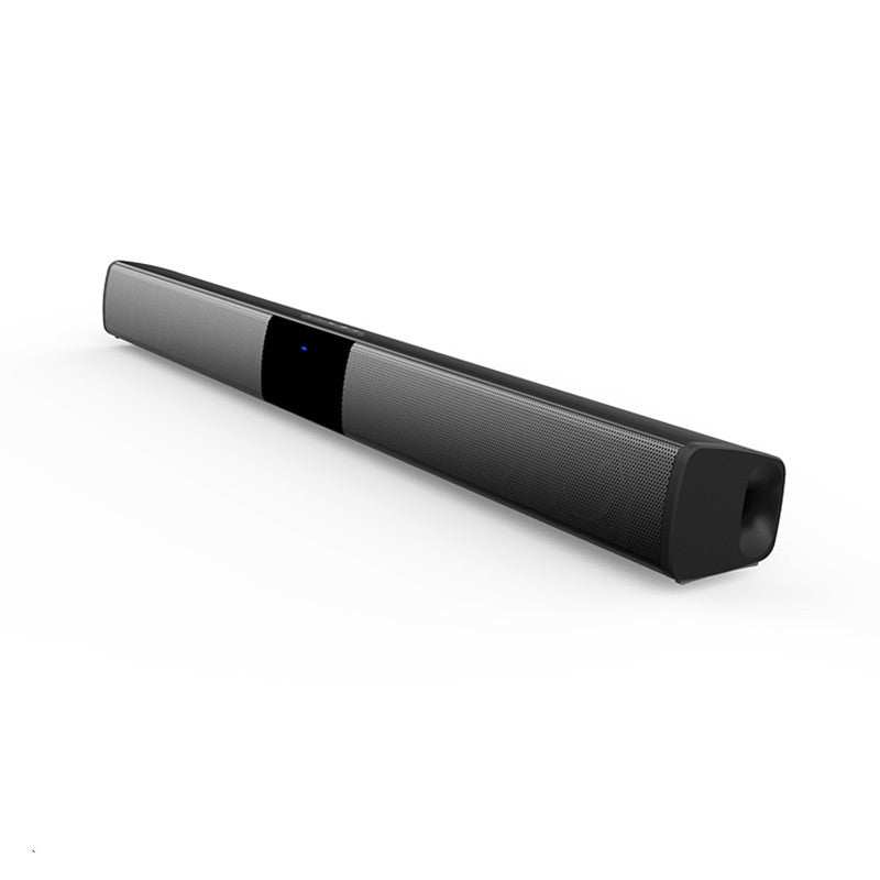 Sleek black portable wireless Bluetooth speaker with USB interface and built-in lithium battery.