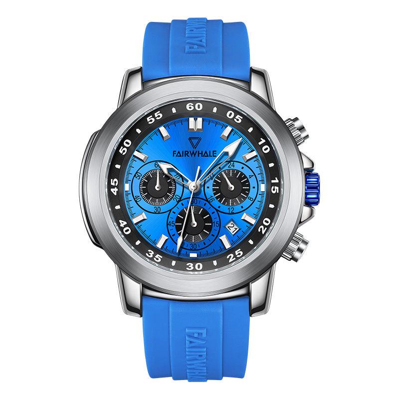 Three Eyes And Six Needles multifunctional sports watch with blue dial and silicone strap