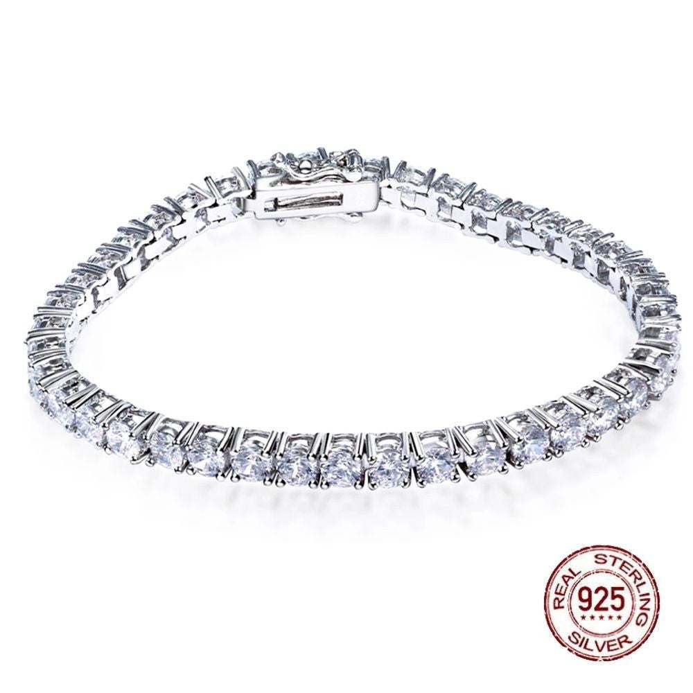 S925 sterling silver tennis bracelet with clear gemstones and adjustable chain length 17-19cm
