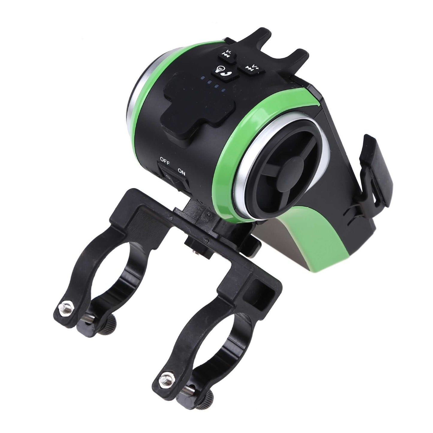 Double LED bicycle light with Bluetooth speaker, MP3 player, power bank, ring bell, and phone holder in black and green.