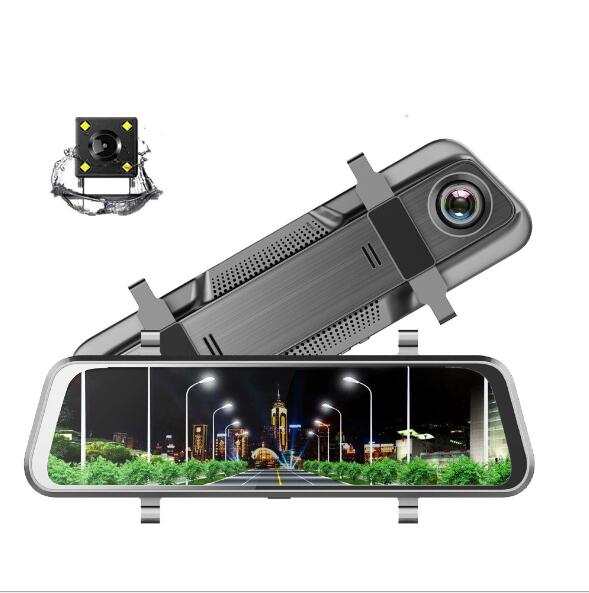 Dual cameras driving recorder with front and rear lenses, full display rearview mirror screen showing night city view.