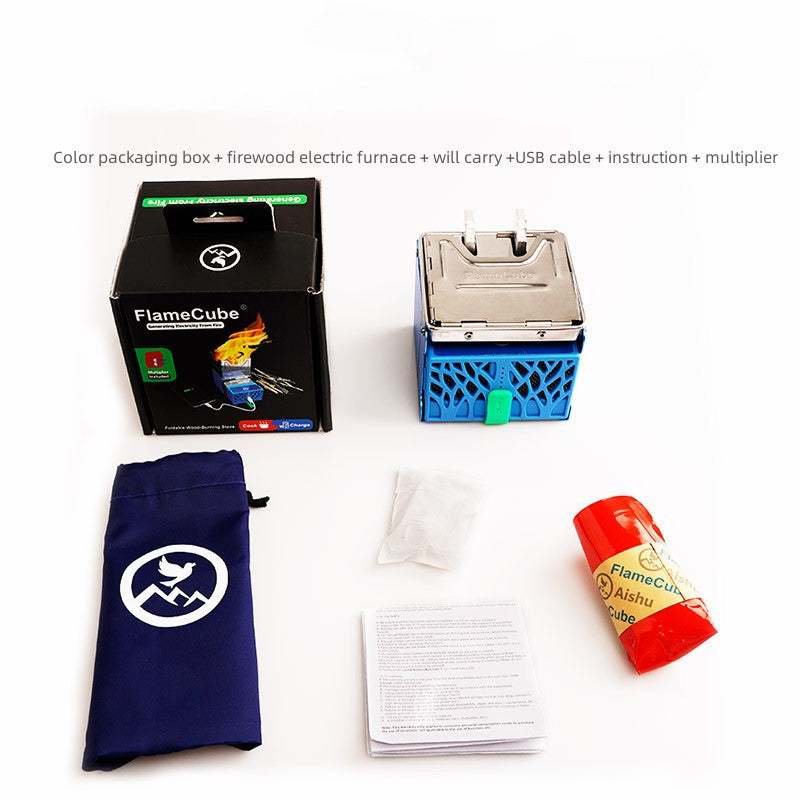 Fire Generator electric wood stove camping kit with folding furnace, USB cable, multiplier, firewood, and carrying pouch