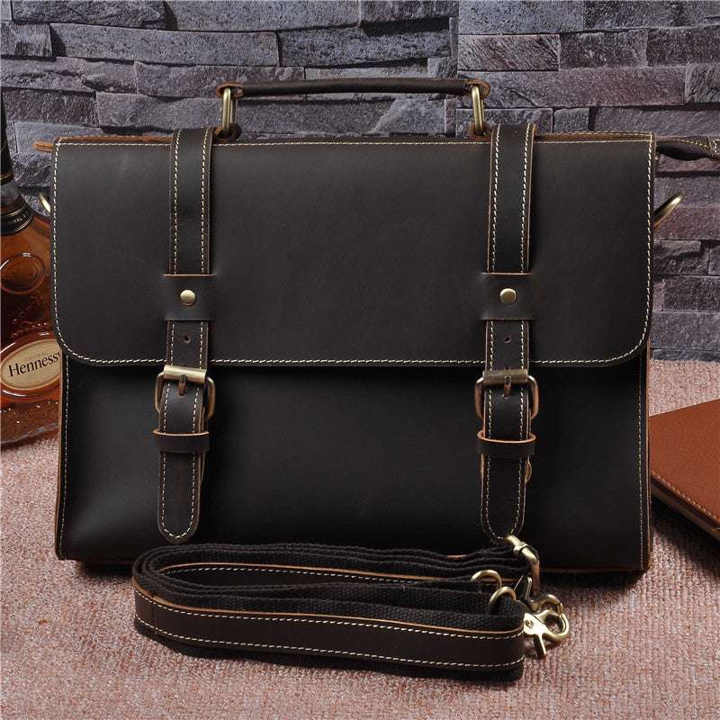 Mens genuine leather cowhide crazy horse leather dark brown handbag with buckled straps and detachable shoulder strap