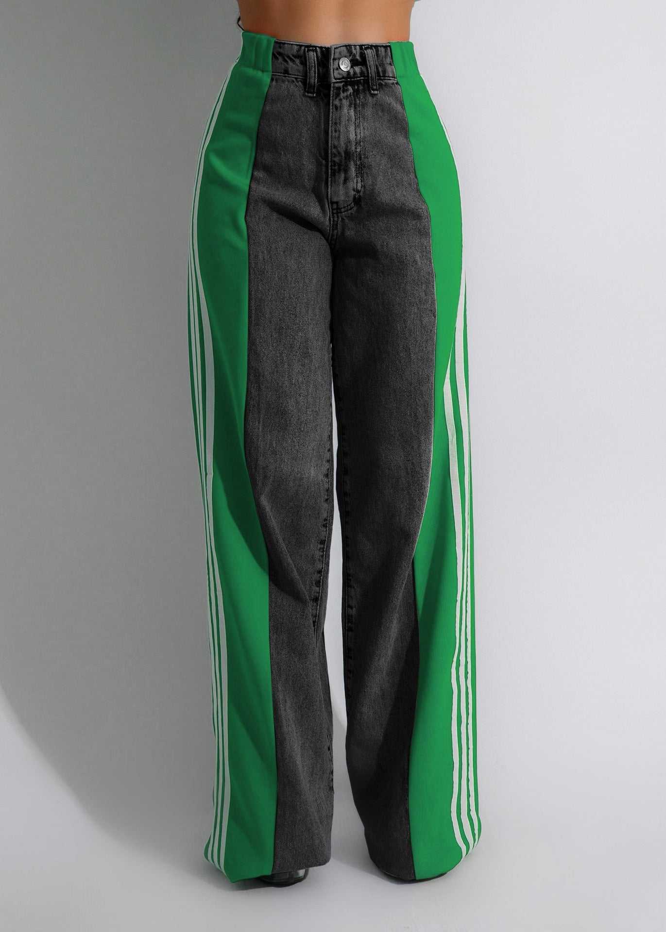 2024 Fashion Casual High Waist Elastic Straight Leg Trousers Three Stripe Patchwork Denim Wide Leg Pants Streetwear - AMIR BAGS INDIA PRIVATE LIMITED
