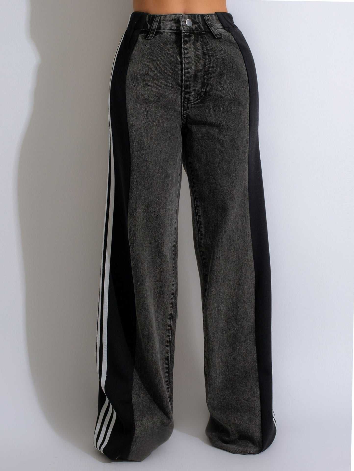 2024 Fashion Casual High Waist Elastic Straight Leg Trousers Three Stripe Patchwork Denim Wide Leg Pants Streetwear - AMIR BAGS INDIA PRIVATE LIMITED