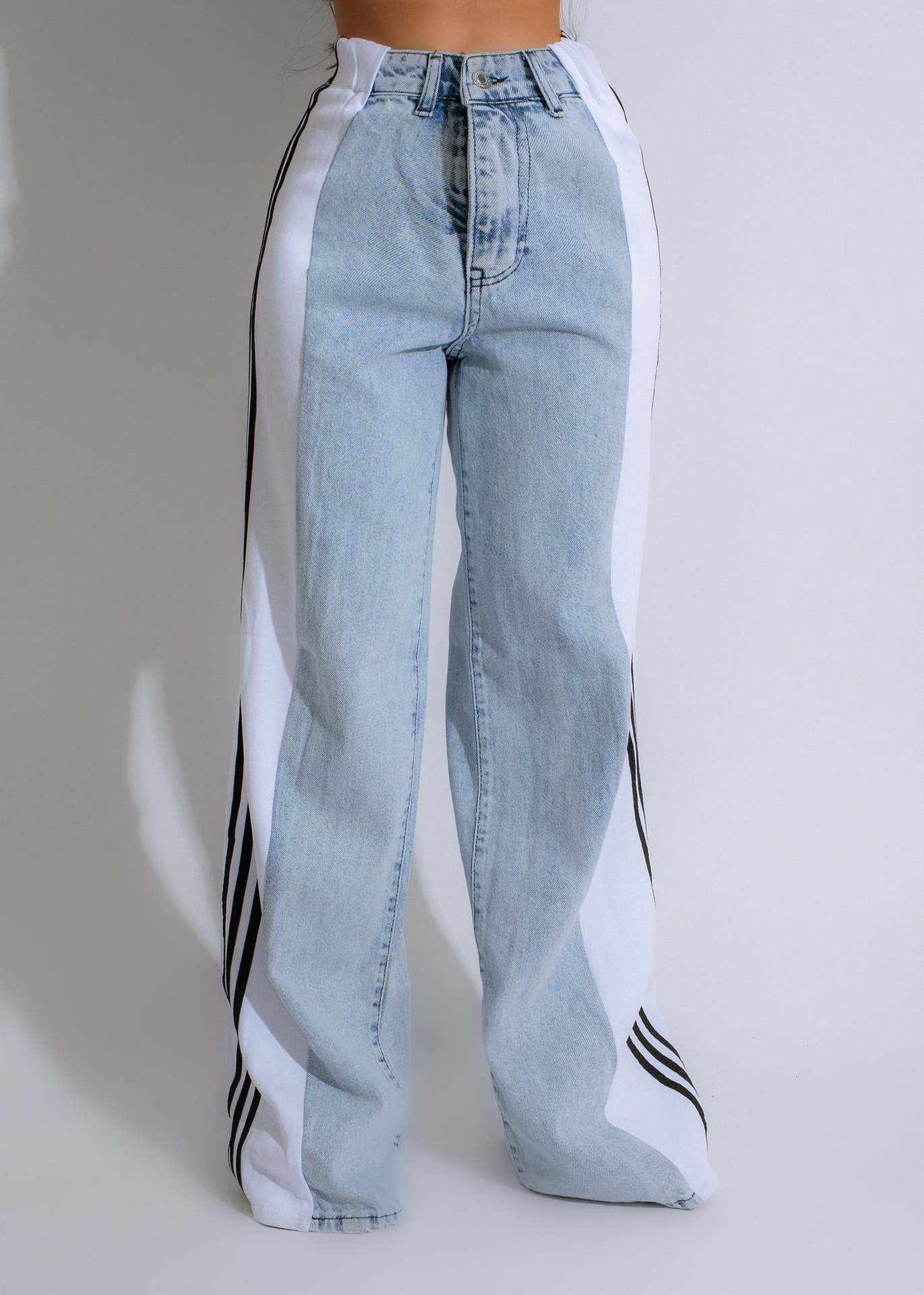 2024 Fashion Casual High Waist Elastic Straight Leg Trousers Three Stripe Patchwork Denim Wide Leg Pants Streetwear - AMIR BAGS INDIA PRIVATE LIMITED