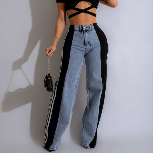 2024 Fashion Casual High Waist Elastic Straight Leg Trousers Three Stripe Patchwork Denim Wide Leg Pants Streetwear - AMIR BAGS INDIA PRIVATE LIMITED