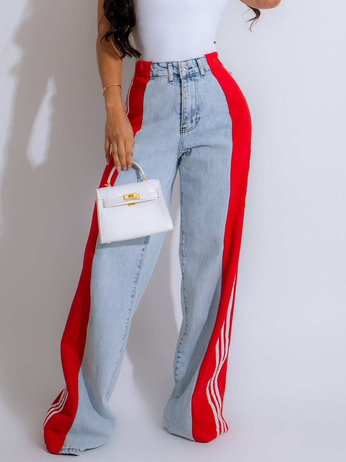2024 Fashion Casual High Waist Elastic Straight Leg Trousers Three Stripe Patchwork Denim Wide Leg Pants Streetwear - AMIR BAGS INDIA PRIVATE LIMITED