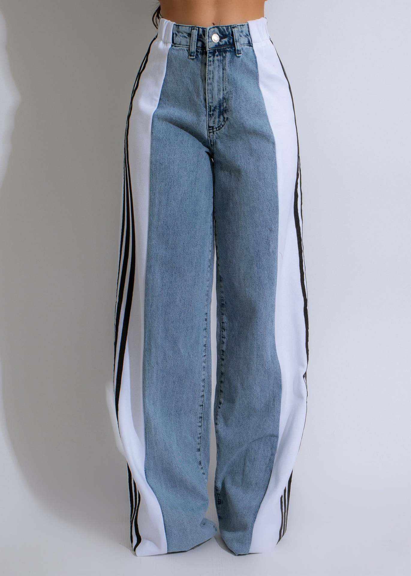 2024 Fashion Casual High Waist Elastic Straight Leg Trousers Three Stripe Patchwork Denim Wide Leg Pants Streetwear - AMIR BAGS INDIA PRIVATE LIMITED