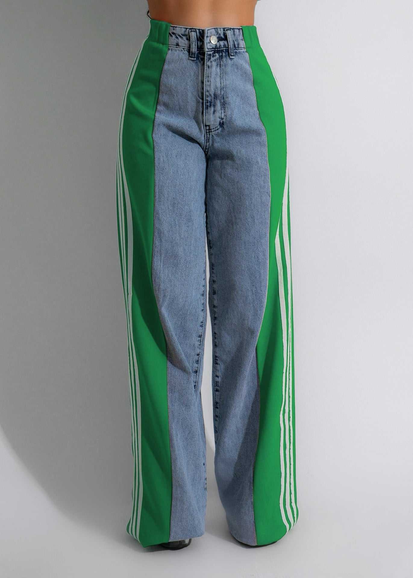 2024 Fashion Casual High Waist Elastic Straight Leg Trousers Three Stripe Patchwork Denim Wide Leg Pants Streetwear - AMIR BAGS INDIA PRIVATE LIMITED
