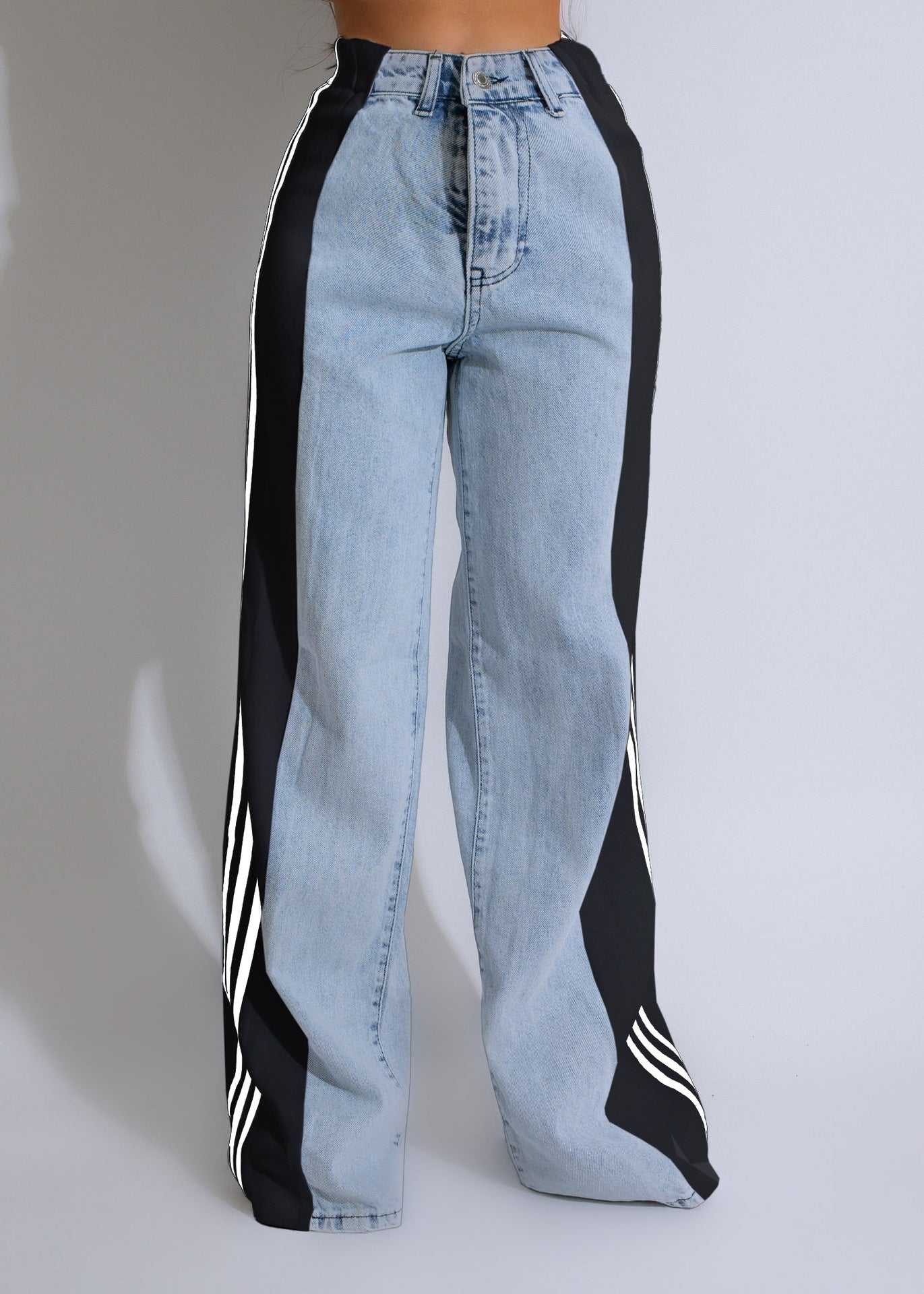 2024 Fashion Casual High Waist Elastic Straight Leg Trousers Three Stripe Patchwork Denim Wide Leg Pants Streetwear - AMIR BAGS INDIA PRIVATE LIMITED