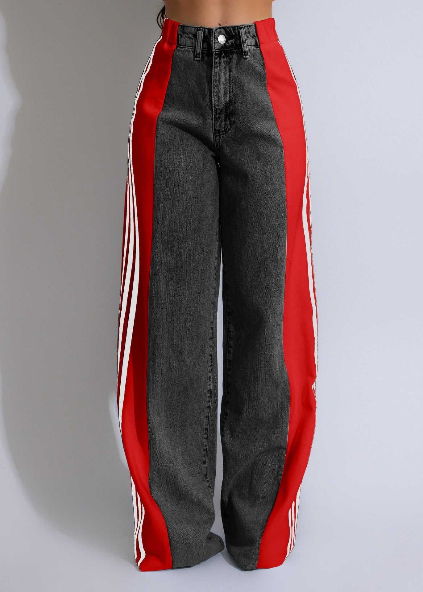 2024 Fashion Casual High Waist Elastic Straight Leg Trousers Three Stripe Patchwork Denim Wide Leg Pants Streetwear - AMIR BAGS INDIA PRIVATE LIMITED