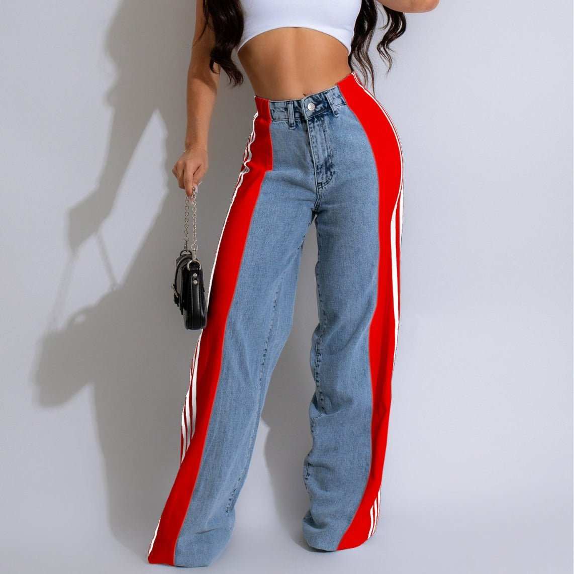 2024 Fashion Casual High Waist Elastic Straight Leg Trousers Three Stripe Patchwork Denim Wide Leg Pants Streetwear - AMIR BAGS INDIA PRIVATE LIMITED