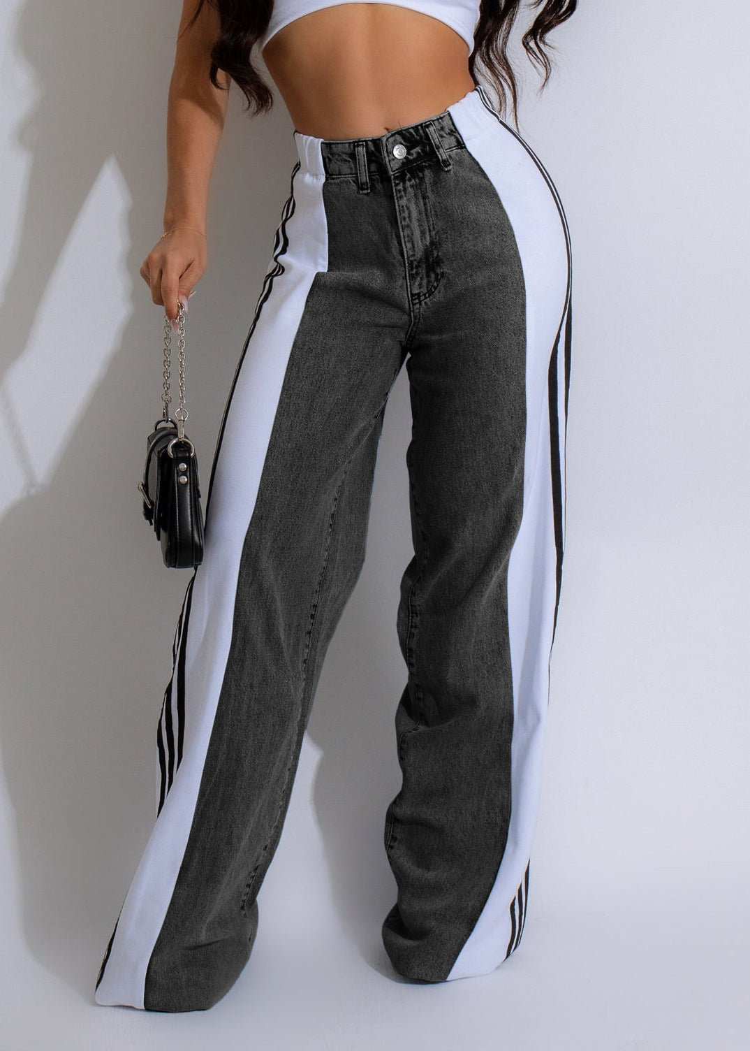 2024 Fashion Casual High Waist Elastic Straight Leg Trousers Three Stripe Patchwork Denim Wide Leg Pants Streetwear - AMIR BAGS INDIA PRIVATE LIMITED