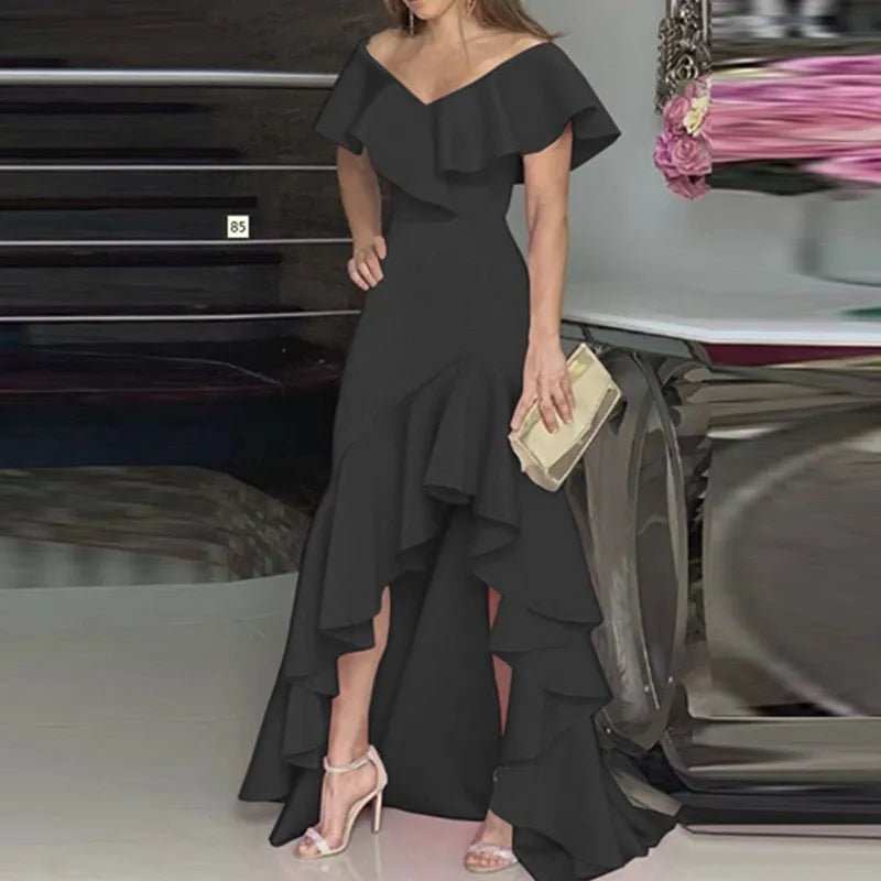 2024 Independent Station Aliexpress Amazon European and American Style V - Neck Ruffle Edge Irregular Elegant Dress - AMIR BAGS INDIA PRIVATE LIMITED