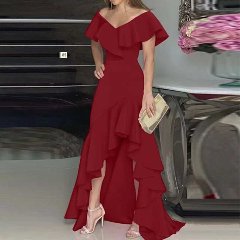 2024 Independent Station Aliexpress Amazon European and American Style V - Neck Ruffle Edge Irregular Elegant Dress - AMIR BAGS INDIA PRIVATE LIMITED