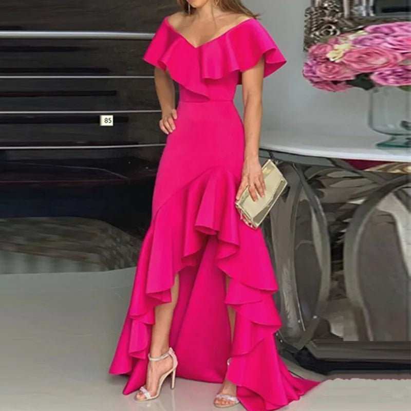 2024 Independent Station Aliexpress Amazon European and American Style V - Neck Ruffle Edge Irregular Elegant Dress - AMIR BAGS INDIA PRIVATE LIMITED