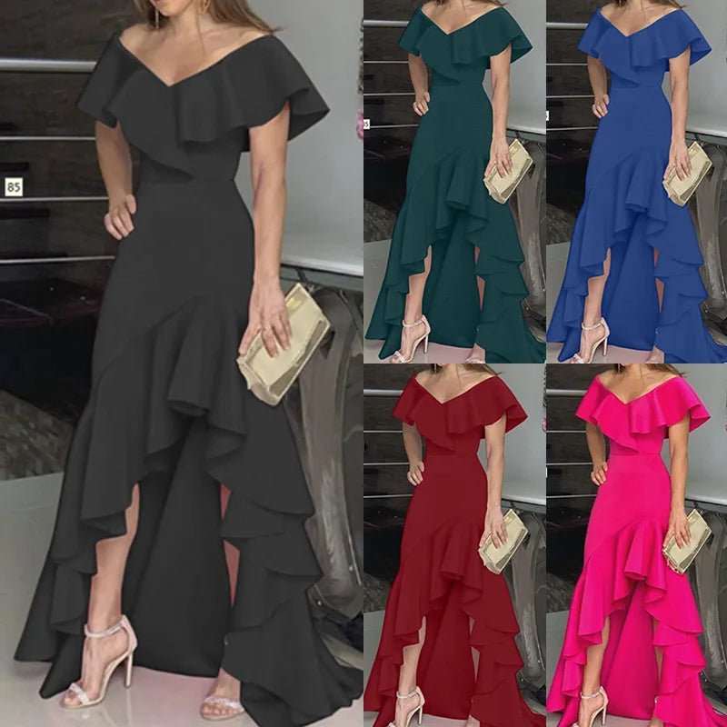2024 Independent Station Aliexpress Amazon European and American Style V - Neck Ruffle Edge Irregular Elegant Dress - AMIR BAGS INDIA PRIVATE LIMITED
