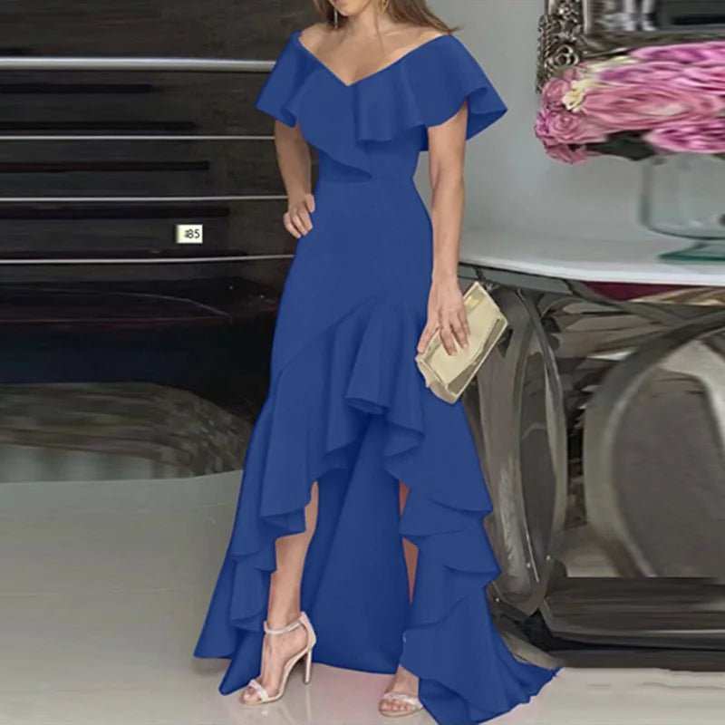 2024 Independent Station Aliexpress Amazon European and American Style V - Neck Ruffle Edge Irregular Elegant Dress - AMIR BAGS INDIA PRIVATE LIMITED