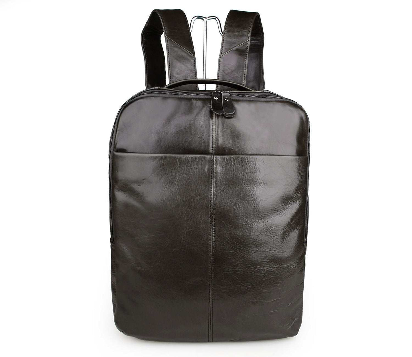 Black top layer leather computer backpack with adjustable straps and sleek design
