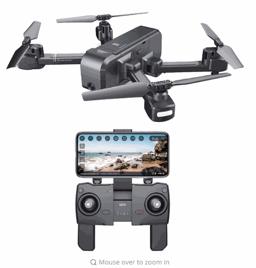 Folding quadcopter with 1080P camera, GPS return, follow mode, gesture control, and remote controller with smartphone display.