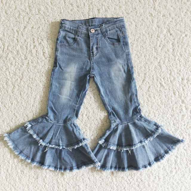 Wholesale double ruffle denim flared pants for kids with frayed edges and casual style