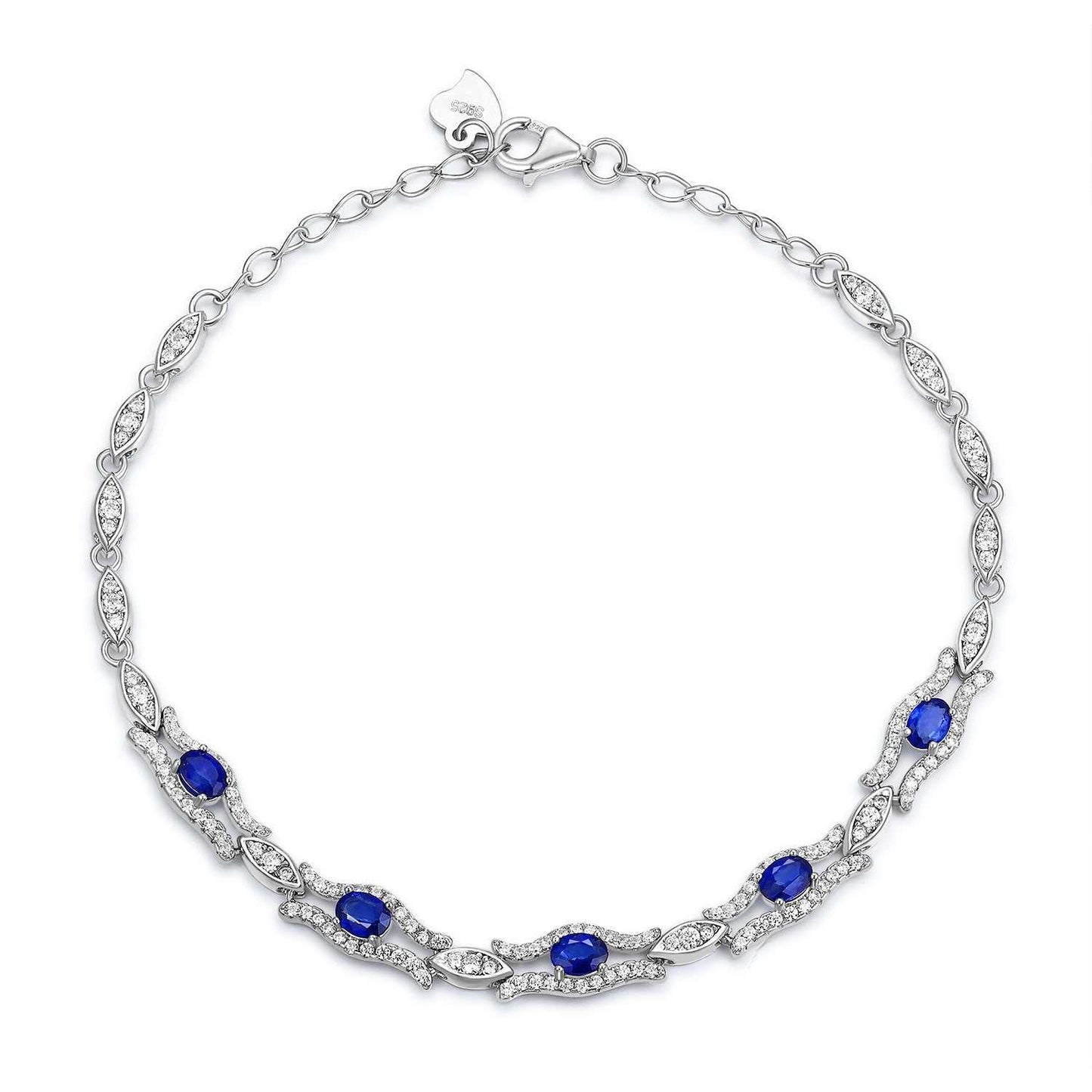 Natural sapphire bracelet for women in S925 platinum silver with geometric design and blue gemstones