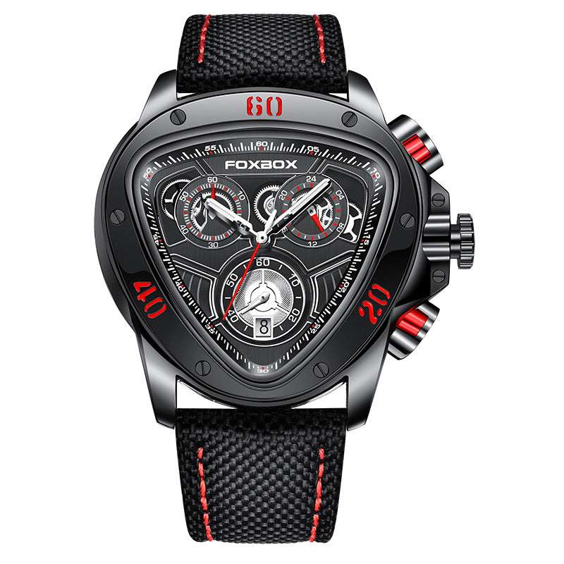 Men quartz watch with black triangular dial, red accents, luminous hands, calendar, and black textured strap with red stitching