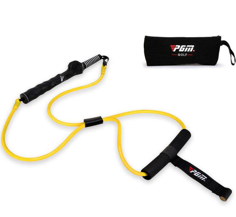 Yellow fitness swing pull belt with black handles and carrying pouch for posture training and muscle exercise