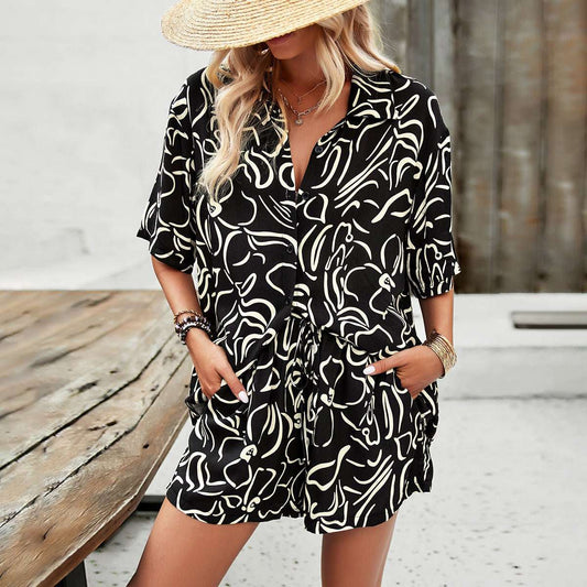 2Pcs Casual Printed Suits Short - sleeved Shirt And Drawstring Shorts Summer Fashion Womens Clothing - AMIR BAGS INDIA PRIVATE LIMITED