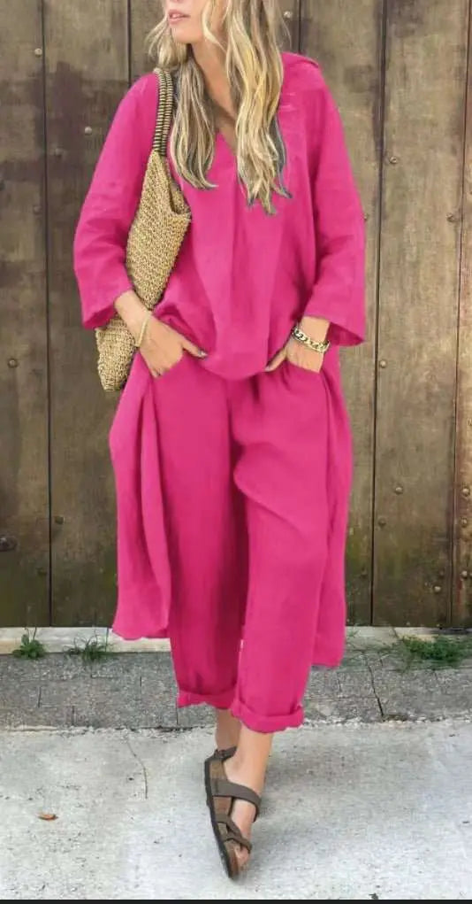 2pcs Long - sleeved Suits Loose V - neck Long Top And High Waist Wide Leg Pants With Pockets Women's Clothing - AMIR BAGS INDIA PRIVATE LIMITED
