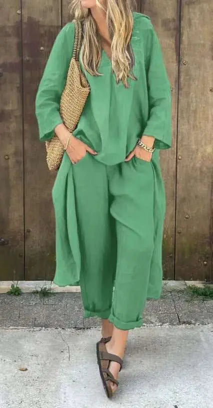 2pcs Long - sleeved Suits Loose V - neck Long Top And High Waist Wide Leg Pants With Pockets Women's Clothing - AMIR BAGS INDIA PRIVATE LIMITED