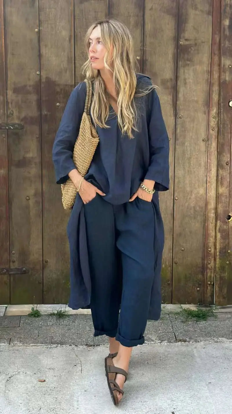 2pcs Long - sleeved Suits Loose V - neck Long Top And High Waist Wide Leg Pants With Pockets Women's Clothing - AMIR BAGS INDIA PRIVATE LIMITED