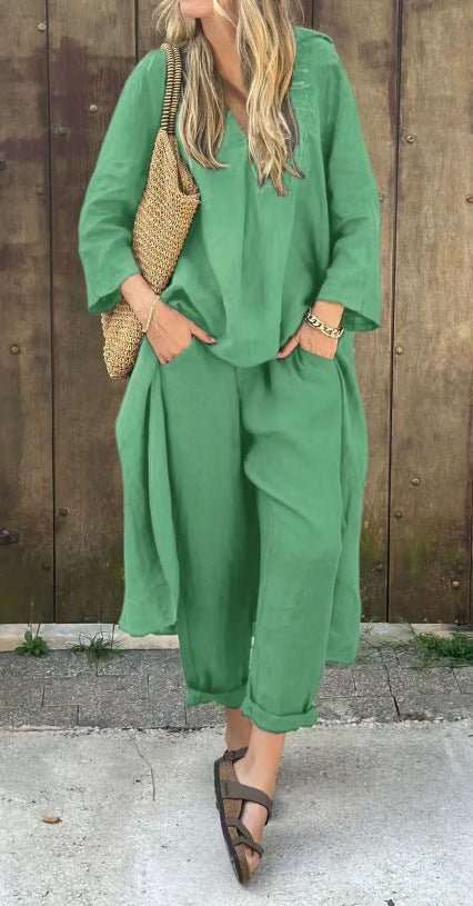 2pcs Long - sleeved Suits Loose V - neck Long Top And High Waist Wide Leg Pants With Pockets Women's Clothing - AMIR BAGS INDIA PRIVATE LIMITED