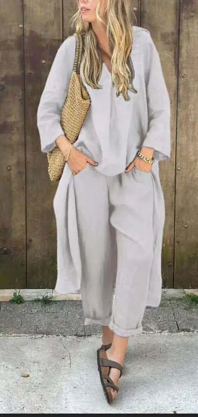 2pcs Long - sleeved Suits Loose V - neck Long Top And High Waist Wide Leg Pants With Pockets Women's Clothing - AMIR BAGS INDIA PRIVATE LIMITED