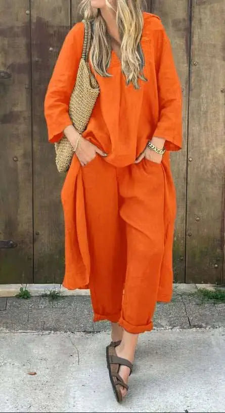 2pcs Long - sleeved Suits Loose V - neck Long Top And High Waist Wide Leg Pants With Pockets Women's Clothing - AMIR BAGS INDIA PRIVATE LIMITED
