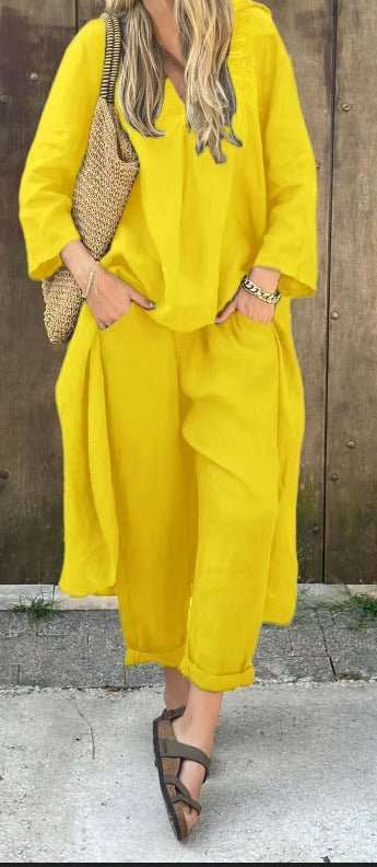 2pcs Long - sleeved Suits Loose V - neck Long Top And High Waist Wide Leg Pants With Pockets Women's Clothing - AMIR BAGS INDIA PRIVATE LIMITED