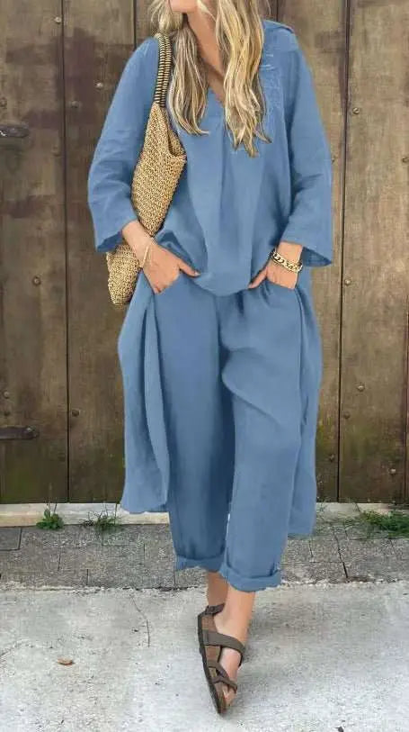 2pcs Long - sleeved Suits Loose V - neck Long Top And High Waist Wide Leg Pants With Pockets Women's Clothing - AMIR BAGS INDIA PRIVATE LIMITED