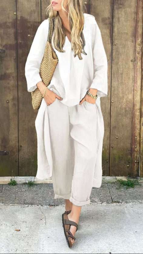 2pcs Long - sleeved Suits Loose V - neck Long Top And High Waist Wide Leg Pants With Pockets Women's Clothing - AMIR BAGS INDIA PRIVATE LIMITED