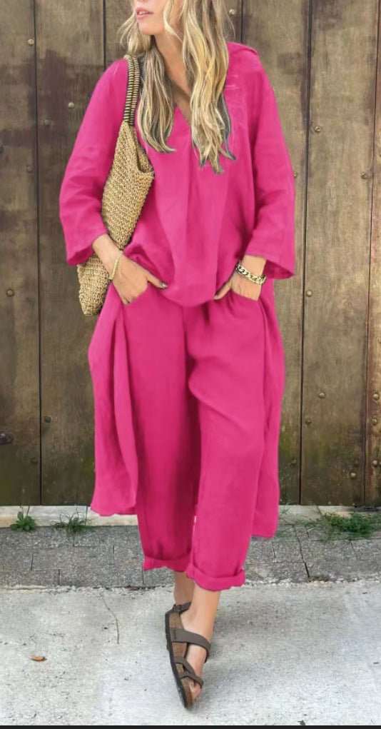 2pcs Long - sleeved Suits Loose V - neck Long Top And High Waist Wide Leg Pants With Pockets Women's Clothing - AMIR BAGS INDIA PRIVATE LIMITED