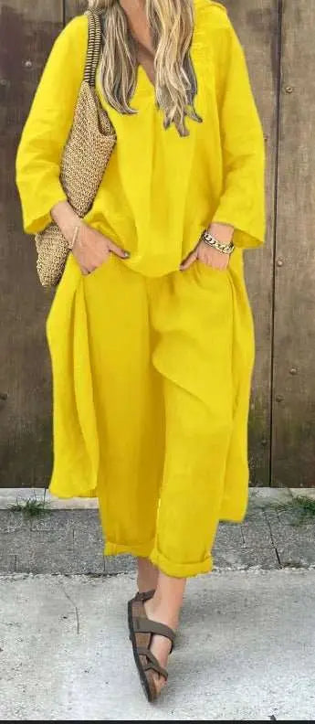 2pcs Long - sleeved Suits Loose V - neck Long Top And High Waist Wide Leg Pants With Pockets Women's Clothing - AMIR BAGS INDIA PRIVATE LIMITED