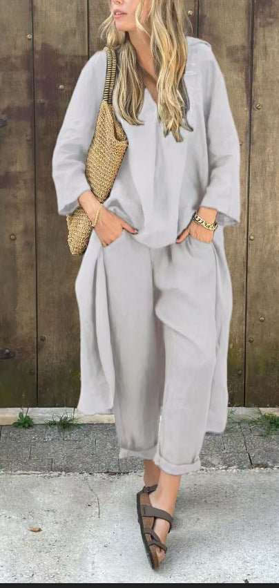 2pcs Long - sleeved Suits Loose V - neck Long Top And High Waist Wide Leg Pants With Pockets Women's Clothing - AMIR BAGS INDIA PRIVATE LIMITED