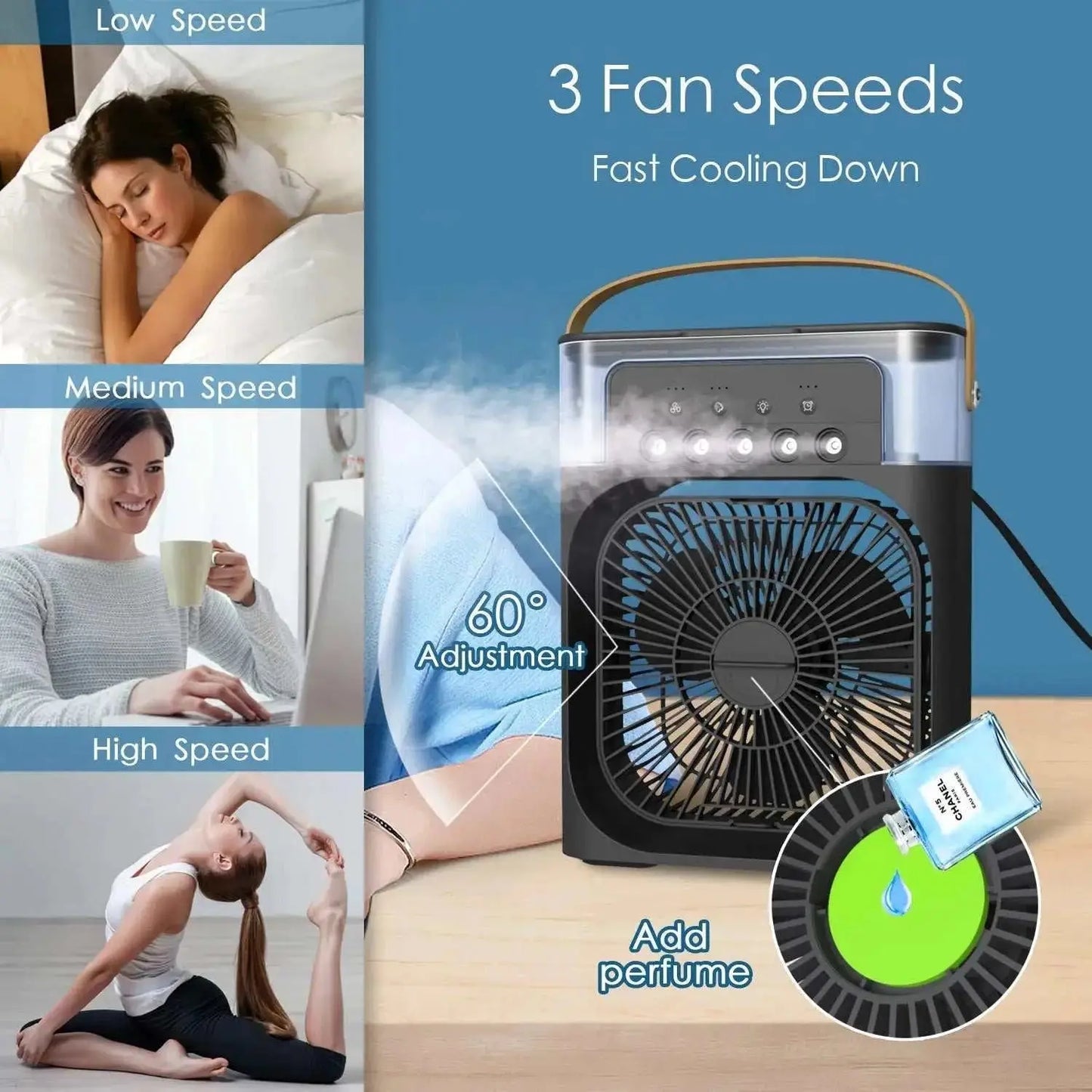 3 In 1 Fan Air Conditioners Portable USB Electric Fan LED Night Light Features:Mist Function: Includes a built-in water tank for misting to increase airs humidity, improve comfort and relieve dryness in hot weather.Low noise: The fan hAMIR BAGS INDIA PRIVATE LIMITEDAMIR BAGS INDIA PRIVATE LIMITEDnull