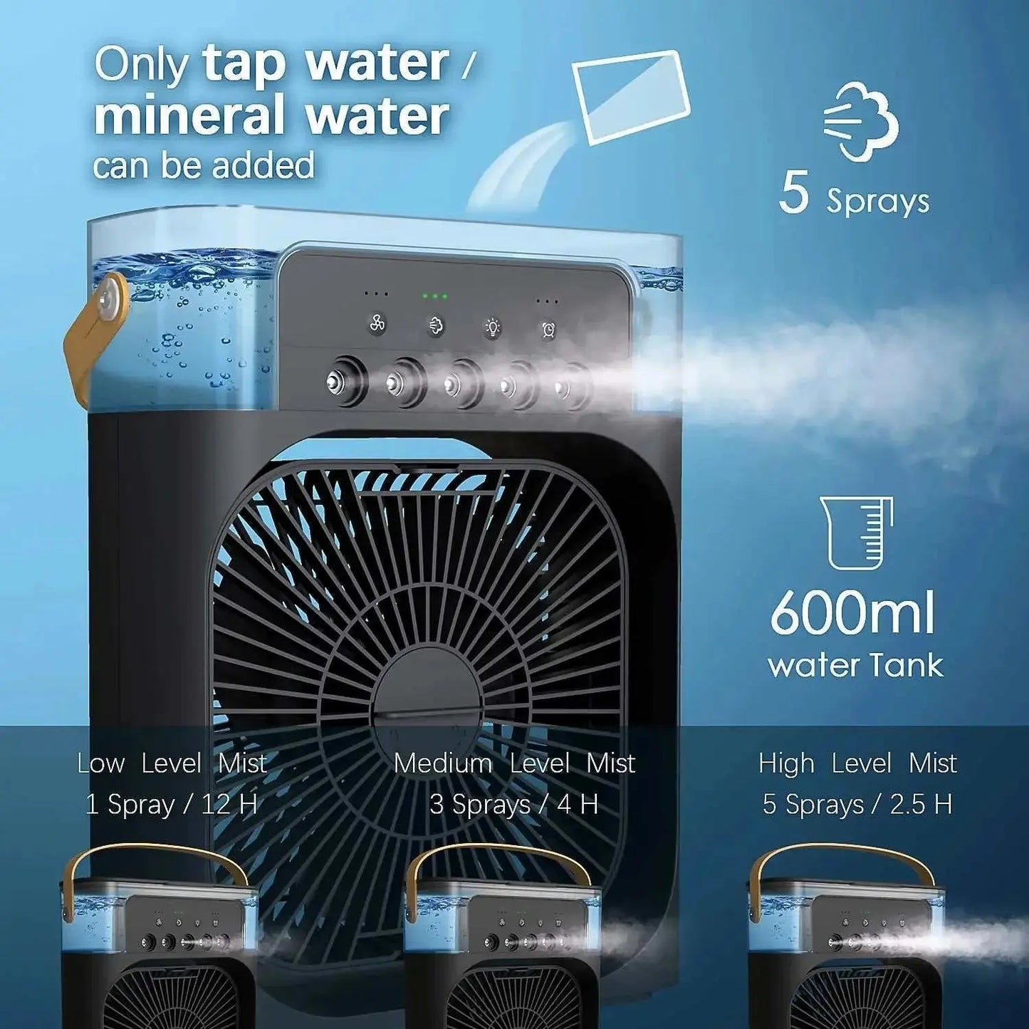 3 In 1 Fan Air Conditioners Portable USB Electric Fan LED Night Light Features:Mist Function: Includes a built-in water tank for misting to increase airs humidity, improve comfort and relieve dryness in hot weather.Low noise: The fan hAMIR BAGS INDIA PRIVATE LIMITEDAMIR BAGS INDIA PRIVATE LIMITEDnull