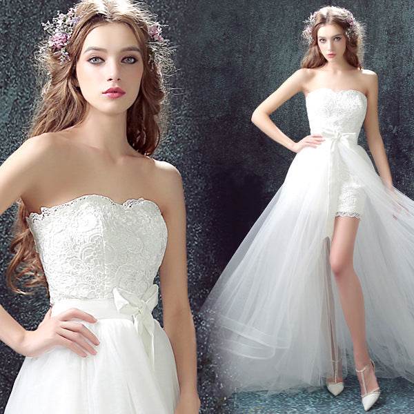 Sexy white mermaid wedding dress with detachable tulle skirt and lace appliques