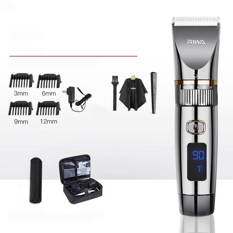 Rechargeable family set hair clipper with four guide combs, cleaning brush, cape, comb, and carrying case