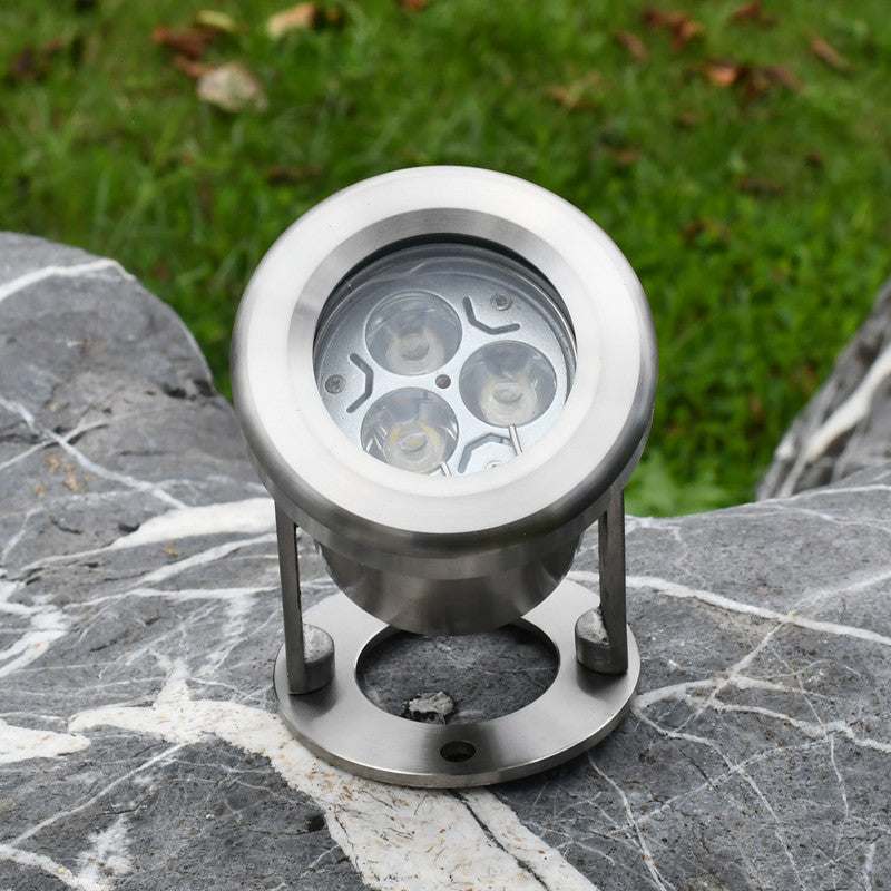 High power LED underwater spotlight with 3 LED beads, stainless steel body, and 30-degree beam angle for outdoor use